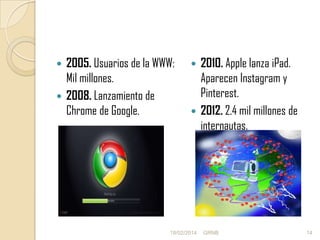 2005. Usuarios de la WWW:
Mil millones.
 2008. Lanzamiento de
Chrome de Google.


2010. Apple lanza iPad.
Aparecen Instagram y
Pinterest.
 2012. 2.4 mil millones de
internautas.


18/02/2014

GRNB

14

 