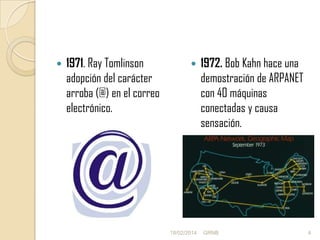

1971. Ray Tomlinson
adopción del carácter
arroba (@) en el correo
electrónico.



18/02/2014

1972. Bob Kahn hace una
demostración de ARPANET
con 40 máquinas
conectadas y causa
sensación.

GRNB

4

 