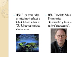 

1983. El 1 de enero todas
las máquinas vinculadas a
ARPANET deben utilizar el
TCP/IP, Internet comienza
a tomar forma.



1984. El novelista William
Gibson publica
“Neuromante”, y define la
palabra “ciberespacio”.

 