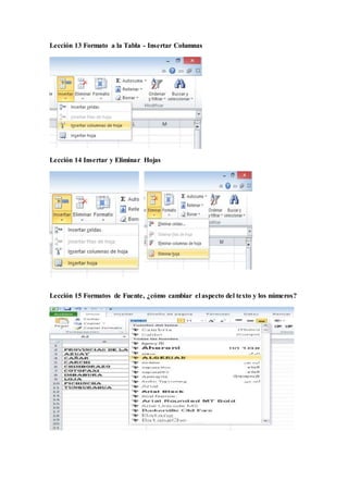 Lección 13 Formato a la Tabla - Insertar Columnas
Lección 14 Insertar y Eliminar Hojas
Lección 15 Formatos de Fuente, ¿cómo cambiar el aspecto del texto y los números?
 