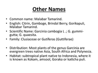 Other Names
• Common name: Malabar Tamarind.
• English: Citrin, Gamboge, Brindal Berry, Gorikapuli,
Malabar Tamarind.
• Scientific Name: Garcinia cambogia L .; G. gummi-
gutta; G. quaesita.
• Family: Clusiaceae or Gutíferas (Guttiferae)
• Distribution: Most plants of the genus Garcinia are
evergreen trees native Asia, South Africa and Polynesia.
• Habitat: subtropical plant native to Indonesia, where it
is known as Kokam, amsool, Goraka or kattcha puli.
 