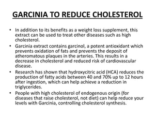 GARCINIA TO REDUCE CHOLESTEROL
• In addition to its benefits as a weight loss supplement, this
extract can be used to treat other diseases such as high
cholesterol.
• Garcinia extract contains garcinol, a potent antioxidant which
prevents oxidation of fats and prevents the deposit of
atheromatous plaques in the arteries. This results in a
decrease in cholesterol and reduced risk of cardiovascular
disease.
• Research has shown that hydroxycitric acid (HCA) reduces the
production of fatty acids between 40 and 70% up to 12 hours
after ingestion, which can help achieve a reduction in
triglycerides.
• People with high cholesterol of endogenous origin (for
diseases that raise cholesterol, not diet) can help reduce your
levels with Garcinia, controlling cholesterol synthesis.
 