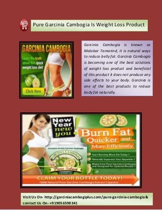 Pure Garcinia Cambogia Is Weight Loss Product
Garcinia Cambogia is known as
Malabar Tamarind, it is natural ways
to reduce belly fat. Garcinia Cambogia
is becoming one of the best solutions
of weight loss product and beneficial
of this product it does not produce any
side effects to your body. Garcinia is
one of the best products to reduce
body fat naturally.
Visit Us On- http://garciniacambogiplus.com/pure-garcinia-cambogia &
contact Us On- +919056598341
 