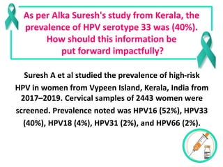 As per Alka Suresh's study from Kerala, the
prevalence of HPV serotype 33 was (40%).
How should this information be
put fo...