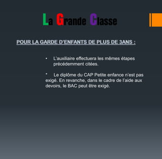 • L’auxiliaire effectuera les mêmes étapes
précédemment citées.
* Le diplôme du CAP Petite enfance n’est pas
exigé. En revanche, dans le cadre de l’aide aux
devoirs, le BAC peut être exigé.
 