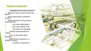 TOWN-COUNTRY
COMBINATION OF BOTH ASPECTS
 Beauty of nature- peace all-over the
places.
 Social opportunity- cumulative
growth.
 Fields and parks of easy access-
equal chances.
 Low rents- high wages.
 Low rates- plenty to do.
 Low prices- no sweating.
 Field for enterprise-flow of
capital.
 Pure air and water- good
drainage.
 Bright homes & gardens- no
smoke, no slums.
 Freedom- Co-operation.
 