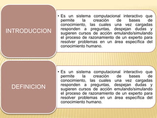 • Es un sistema computacional interactivo que
                 permite    la   creación   de    bases     de
                 conocimiento, las cuales una vez cargadas
                 responden a preguntas, despejan dudas y
INTRODUCCION     sugieren cursos de acción emulando/simulando
                 el proceso de razonamiento de un experto para
                 resolver problemas en un área específica del
                 conocimiento humano.




               • Es un sistema computacional interactivo que
                 permite    la   creación   de    bases     de
                 conocimiento, las cuales una vez cargadas
                 responden a preguntas, despejan dudas y
 DEFINICION      sugieren cursos de acción emulando/simulando
                 el proceso de razonamiento de un experto para
                 resolver problemas en un área específica del
                 conocimiento humano.
 