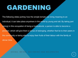 GARDENING
The following slides portray how the simple tomato can bring meaning to an

individual, it can take place anywhere in the world by young and old. By taking part

(doing) in this occupation of being a horticulturist, a person is able to become a

provider, which will give them a sense of belonging, whether that be to their peers in

the community or being able to enjoy their fruits of their labour with the family at

dinner time.




          DOING, BEING, BECOMING AND BELONGING
                                                                                       1
 