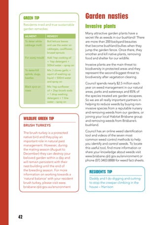 GREEN tIP                                   Garden nasties
     Residents tried and true sustainable
     garden remedies:
                                                 Invasive plants
                                                 Many attractive garden plants have a
      AILMENT           REMEDy                   secret life as weeds in our bushland! There
      To deter white    Boil lettuce leaves      are more than 200 backyard beauties
      cabbage moth      and use the water on     that become bushland bullies when they
                        cabbages, cauliflower,   jump the garden fence. Once there, they
                        brussel sprouts
                                                 smother and kill native plants, removing
      For sooty mould   Add 1tsp cooking oil     food and shelter for our wildlife.
                        + 1tsp detergent +
                        500ml water – spray on   Invasive plants are the main threat to
      To deter/kill     Mix 3 cloves garlic +
                                                 biodiversity in protected areas and they
      aphids, slugs,    squirt of washing up     represent the second biggest threat to
      beetles           liquid + 500ml water     biodiversity after vegetation clearing.
                        and spray on
                                                 Council spends nearly $2.5 million each
      Black spot on     Mix 1tsp sunflower       year on weed management in our natural
      roses             oil + 2tsp bicarb soda   areas, parks and waterways and 85% of
                        + 1 drop washing
                                                 the species treated are garden escapees.
                        detergent + 1 litre
                                                 So we are all really important partners in
                        water – spray on
                                                 helping to reduce weeds by buying non­
                                                 invasive species from a reputable nursery
                                                 and removing weeds from our gardens, or
                                                 joining your local Habitat Brisbane group
     WILDLIFE GREEN tIP                          and removing weeds from Brisbane’s
     BRUSH TURKEyS                               bushland.
                                                 Council has an online weed identification
     The brush-turkey is a protected
                                                 tool and videos of the seven most
     native bird and they play an
                                                 common weed control methods to help
     important role in natural pest
                                                 you identify and control weeds. To locate
     management. However, during
                                                 this useful tool, find more information or
     the mating season (August to
                                                 share your knowledge about weeds visit
     December) they can destroy your
                                                 www.brisbane.qld.gov.au/environment or
     beloved garden within a day and
                                                 phone (07) 3403 8888 for weed fact sheets.
     will remain persistent with their
     nest building until the end of
     the breeding season. For more
                                                   RESIDENtS tIP
     information on working towards a
     ‘natural balance’ with your resident          Daddy and I do digging and cutting
     brush turkey, please visit www.               to stop the creeper climbing in the
     brisbane.qld.gov.au/environment               house – Harrison




42
 