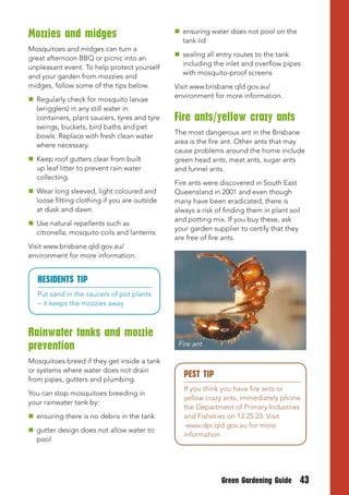 Mozzies and midges                             ensuring water does not pool on the
                                                tank lid
Mosquitoes and midges can turn a
                                               sealing all entry routes to the tank
great afternoon BBQ or picnic into an
                                                including the inlet and overflow pipes
unpleasant event. To help protect yourself
                                                with mosquito-proof screens
and your garden from mozzies and
midges, follow some of the tips below.        Visit www.brisbane.qld.gov.au/
                                              environment for more information.
 Regularly check for mosquito larvae
  (wrigglers) in any still water in
  containers, plant saucers, tyres and tyre   Fire ants/yellow crazy ants
  swings, buckets, bird baths and pet
                                              The most dangerous ant in the Brisbane
  bowls. Replace with fresh clean water
                                              area is the fire ant. Other ants that may
  where necessary.
                                              cause problems around the home include
 Keep roof gutters clear from built          green head ants, meat ants, sugar ants
  up leaf litter to prevent rain water        and funnel ants.
  collecting.
                                              Fire ants were discovered in South East
 Wear long sleeved, light coloured and       Queensland in 2001 and even though
  loose fitting clothing if you are outside   many have been eradicated, there is
  at dusk and dawn.                           always a risk of finding them in plant soil
                                              and potting mix. If you buy these, ask
 Use natural repellents such as
                                              your garden supplier to certify that they
  citronella, mosquito coils and lanterns.
                                              are free of fire ants.
Visit www.brisbane.qld.gov.au/
environment for more information.


   RESIDENtS tIP
   Put sand in the saucers of pot plants
   – it keeps the mozzies away



Rainwater tanks and mozzie
prevention                                     Fire ant

Mosquitoes breed if they get inside a tank
or systems where water does not drain
from pipes, gutters and plumbing.
                                                 PESt tIP
                                                 If you think you have fire ants or
You can stop mosquitoes breeding in
                                                 yellow crazy ants, immediately phone
your rainwater tank by:
                                                 the Department of Primary Industries
 ensuring there is no debris in the tank        and Fisheries on 13 25 23. Visit
                                                  www.dpi.qld.gov.au for more
 gutter design does not allow water to
                                                 information.
  pool




                                                              Green Gardening Guide     43
 