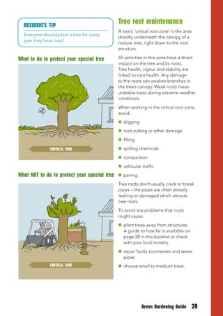 RESIDENtS tIP
                                              tree root maintenance
                                              A tree’s ‘critical root zone’ is the area
  Everyone should plant a tree for every
                                              directly underneath the canopy of a
  year they have lived
                                              mature tree, right down to the root
                                              structure.

What to do to protect your special tree       All activities in this zone have a direct
                                              impact on the tree and its roots.
                                              Tree health, vigour and stability are
                                              linked to root health. Any damage
                                              to the roots can weaken branches in
                                              the tree’s canopy. Weak roots mean
                                              unstable trees during extreme weather
                                              conditions.
                                              When working in the critical root zone,
                                              avoid:
                                               digging
                                               root cutting or other damage
                                               filling

               CRItICAL ZoNE                   spilling chemicals
                                               compaction
                                               vehicular traffic
What Not to do to protect your special tree    paving.
                                              Tree roots don’t usually crack or break
                                              pipes – the pipes are often already
                                              leaking or damaged which attracts
                                              tree roots.
                                              To avoid any problems that roots
                                              might cause:
                                              	 plant trees away from structures.
                                                 A guide to how far is available on
                                                 page 28 in this booklet or check
                                                 with your local nursery.
                                               repair faulty stormwater and sewer
                                                pipes
               CRItICAL ZoNE                   choose small to medium trees.




                                                           Green Gardening Guide          39
 