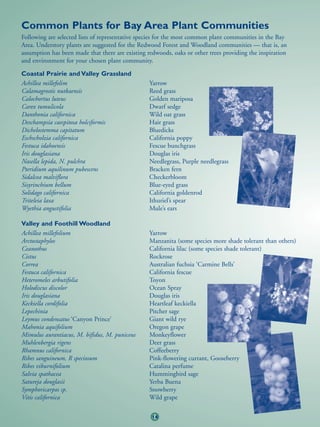 Common Plants for Bay Area Plant Communities
Following are selected lists of representative species for the most common plant communities in the Bay
Area. Understory plants are suggested for the Redwood Forest and Woodland communities — that is, an
assumption has been made that there are existing redwoods, oaks or other trees providing the inspiration
and environment for your chosen plant community.

Coastal Prairie and Valley Grassland
Achillea millefolim                               Yarrow
Calamagrostis nutkaensis                          Reed grass
Calochortus luteus                                Golden mariposa
Carex tumulicola                                  Dwarf sedge
Danthonia californica                             Wild oat grass
Deschampsia caespitosa holciformis                Hair grass
Dichelostemma capitatum                           Bluedicks
Eschscholzia californica                          California poppy
Festuca idahoensis                                Fescue bunchgrass
Iris douglasiana                                  Douglas iris
Nasella lepida, N. pulchra                        Needlegrass, Purple needlegrass
Pteridium aquilinum pubescens                     Bracken fern
Sidalcea malviflora                               Checkerbloom
Sisyrinchium bellum                               Blue-eyed grass
Solidago californica                              California goldenrod
Triteleia laxa                                    Ithuriel’s spear
Wyethia angustifolia                              Mule’s ears

Valley and Foothill Woodland
Achillea millefolium                              Yarrow
Arctostaphylos                                    Manzanita (some species more shade tolerant than others)
Ceanothus                                         California lilac (some species shade tolerant)
Cistus                                            Rockrose
Correa                                            Australian fuchsia ‘Carmine Bells’
Festuca californica                               California fescue
Heteromeles arbutifolia                           Toyon
Holodiscus discolor                               Ocean Spray
Iris douglasiana                                  Douglas iris
Keckiella cordifolia                              Heartleaf keckiella
Lepechinia                                        Pitcher sage
Leymus condensatus ‘Canyon Prince’                Giant wild rye
Mahonia aquifolium                                Oregon grape
Mimulus aurantiacus, M. bifidus, M. puniceus      Monkeyflower
Muhlenbergia rigens                               Deer grass
Rhamnus californica                               Coffeeberry
Ribes sanguineum, R speciosum                     Pink-flowering currant, Gooseberry
Ribes viburnifolium                               Catalina perfume
Salvia spathacea                                  Hummingbird sage
Satureja douglasii                                Yerba Buena
Symphoricarpos sp.                                Snowberry
Vitis californica                                 Wild grape

                                                   14
 