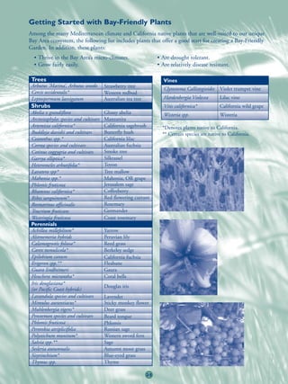 Getting Started with Bay-Friendly Plants
Among the many Mediterranean climate and California native plants that are well-suited to our unique
Bay Area ecosystem, the following list includes plants that offer a good start for creating a Bay-Friendly
Garden. In addition, these plants:
  • Thrive in the Bay Area’s micro-climates.                       • Are drought tolerant.
  • Grow fairly easily.                                            • Are relatively disease resistant.

 Trees                                                               Vines
 Arbutus ‘Marina’, Arbutus unedo        Strawberry tree              Clytostoma Callistegioides   Violet trumpet vine
 Cercis occidentalis*                   Western redbud
 Leptospermum laevigatum                Australian tea tree          Hardenbergia Violecea        Lilac vine
 Shrubs                                                              Vitis californica*           California wild grape
 Abelia x grandiflora                   Glossy abelia                Wisteria spp.                Wisteria
 Arctostaphylos species and cultivars   Manzanita
 Artemisia californica*                 California sagebrush         *Denotes plants native to California.
 Buddleja davidii and cultivars         Butterfly bush               ** Certain species are native to California.
 Ceanothus spp.*                        California lilac
 Correa species and cultivars           Australian fuchsia
 Cotinus coggygria and cultivars        Smoke tree
 Garrya elliptica*                      Silktassel
 Heteromeles arbutifolia*               Toyon
 Lavatera spp*                          Tree mallow
 Mahonia spp.*                          Mahonia, OR grape
 Phlomis fruticosa                      Jerusalem sage
 Rhamnus californica*                   Coffeeberry
 Ribes sanguineum*                      Red flowering currant
 Rosmarinus officinalis                 Rosemary
 Teucrium fruticans                     Germander
 Westringia fruticosa                   Coast rosemary
 Perennials
 Achillea millefolium*                  Yarrow
 Alstroemeria hybrids                   Peruvian lily
 Calamagrostis foliosa*                 Reed grass
 Carex tumulicola*                      Berkeley sedge
 Epilobium canum                        California fuchsia
 Erigeron spp.**                        Fleabane
 Guara lindheimeri                      Gaura
 Heuchera micrantha*                    Coral bells
 Iris douglasiana*
                                        Douglas iris
 (or Pacific Coast hybrids)
 Lavandula species and cultivars        Lavender
 Mimulus aurantiacus*                   Sticky monkey flower
 Muhlenbergia rigens*                   Deer grass
 Penstemon species and cultivars        Beard tongue
 Phlomis fruticosa                      Phlomis
 Perovskia atriplicifolia               Russian sage
 Polystichum munitum*                   Western sword fern
 Salvia spp.**                          Sage
 Sesleria autumnalis                    Autumn moor grass
 Sisyrinchium*                          Blue-eyed grass
 Thymus spp.                            Thyme

                                                              35
 