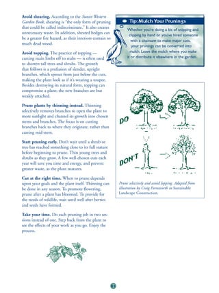 Avoid shearing. According to the Sunset Western
Garden Book, shearing is “the only form of pruning                    Tip: Mulch Your Prunings
that could be called indiscriminate.” It also creates               Whether you’re doing a bit of snipping and
unnecessary waste. In addition, sheared hedges can
                                                                      clipping by hand or you’ve hired someone
be a greater fire hazard, as their interiors contain so
                                                                       with a chainsaw to make major cuts,
much dead wood.
                                                                        your prunings can be converted into
Avoid topping. The practice of topping —                              mulch. Leave the mulch where you make
cutting main limbs off to stubs — is often used                     it or distribute it elsewhere in the garden.
to shorten tall trees and shrubs. The growth
that follows is a profusion of slender, upright
branches, which sprout from just below the cuts,
making the plant look as if it’s wearing a toupee.
Besides destroying its natural form, topping can
compromise a plant; the new branches are but
weakly attached.

Prune plants by thinning instead. Thinning
selectively removes branches to open the plant to
more sunlight and channel its growth into chosen
stems and branches. The focus is on cutting
branches back to where they originate, rather than
cutting mid-stem.

Start pruning early. Don’t wait until a shrub or
tree has reached something close to its full stature
before beginning to prune. Thin young trees and
shrubs as they grow. A few well-chosen cuts each
year will save you time and energy, and prevent
greater waste, as the plant matures.

Cut at the right time. When to prune depends
upon your goals and the plant itself. Thinning can             Prune selectively and avoid lopping. Adapted from
be done in any season. To promote flowering,                   illustration by Craig Farnsworth in Sustainable
prune after a plant has bloomed. To provide for                Landscape Construction.
the needs of wildlife, wait until well after berries
and seeds have formed.

Take your time. Do each pruning job in two ses-
sions instead of one. Step back from the plant to
see the effects of your work as you go. Enjoy the
process.




                                                          61
 