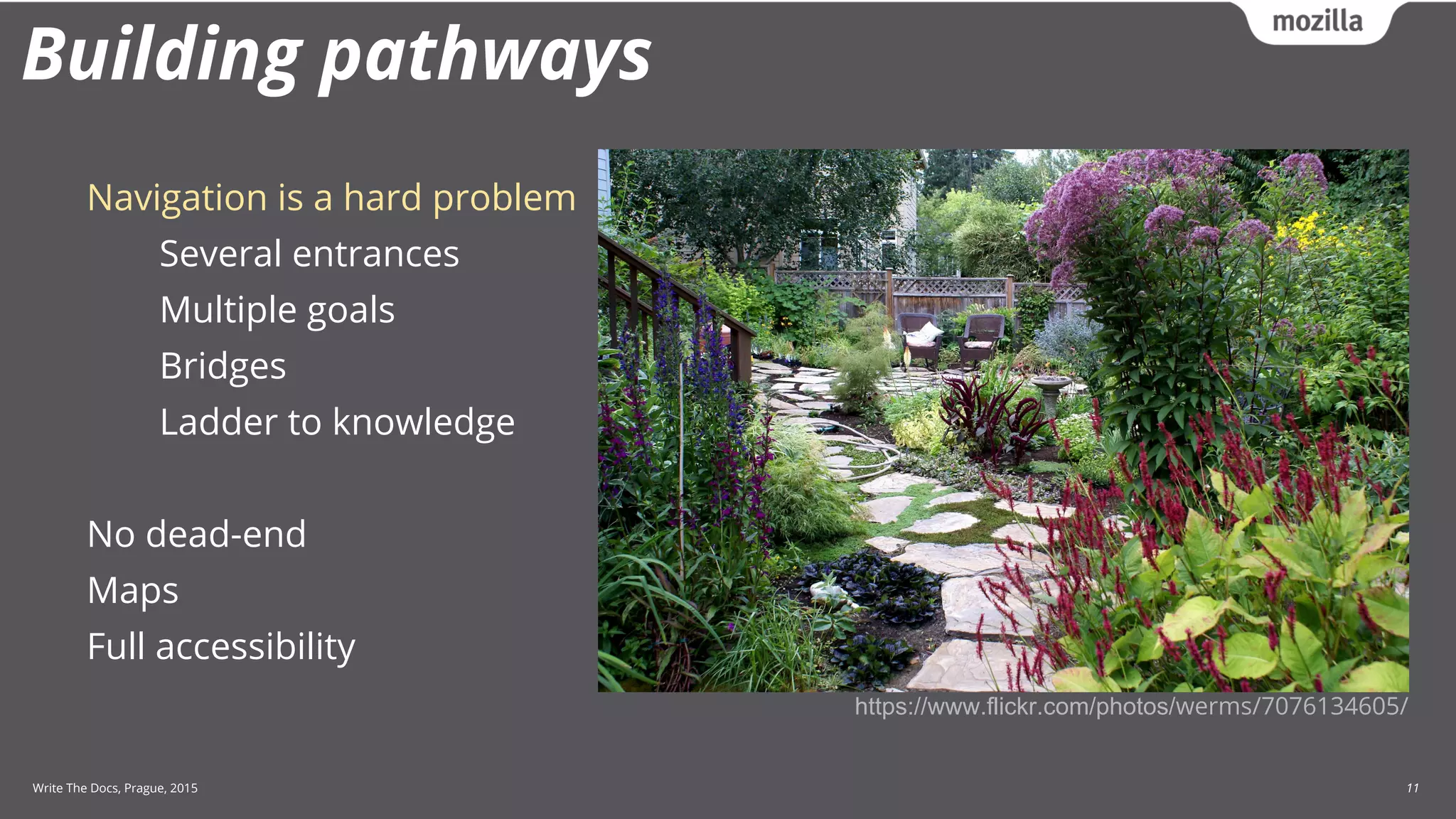 Write The Docs, Prague, 2015 11
Building pathways
Navigation is a hard problem
Several entrances
Multiple goals
Bridges
Ladder to knowledge
No dead-end
Maps
Full accessibility
https://www.flickr.com/photos/werms/7076134605/
 