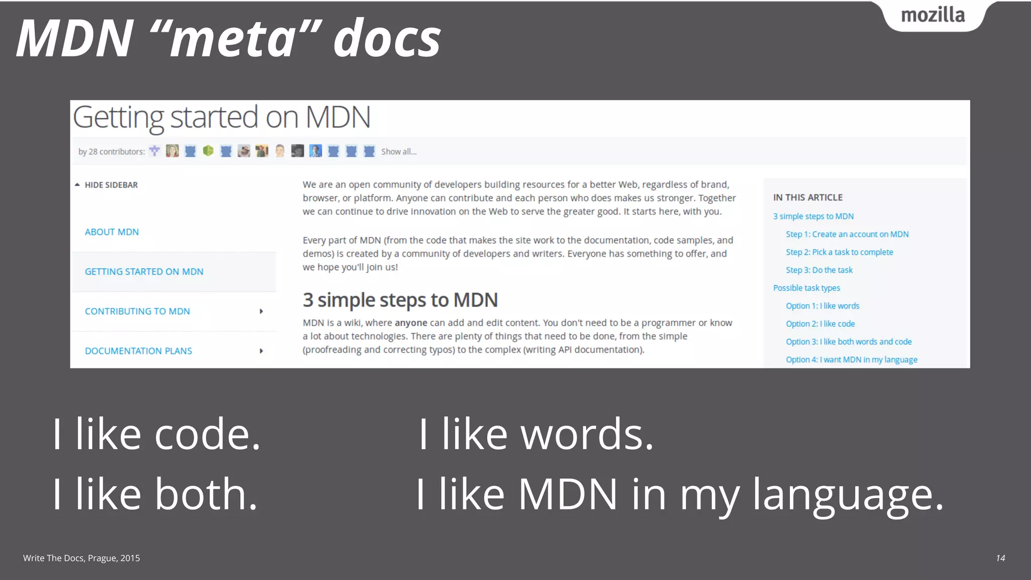 Write The Docs, Prague, 2015 14
MDN “meta” docs
I like code. I like words.
I like both. I like MDN in my language.
 