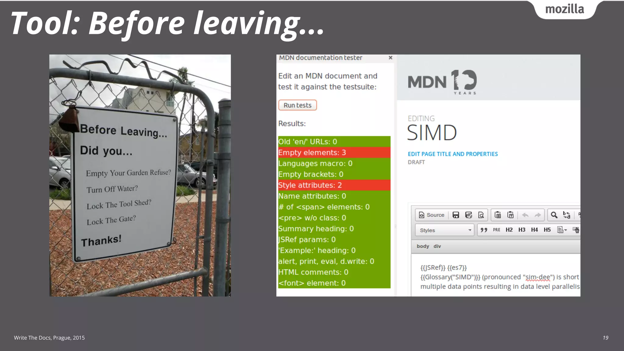 Write The Docs, Prague, 2015 19
Tool: Before leaving...
 