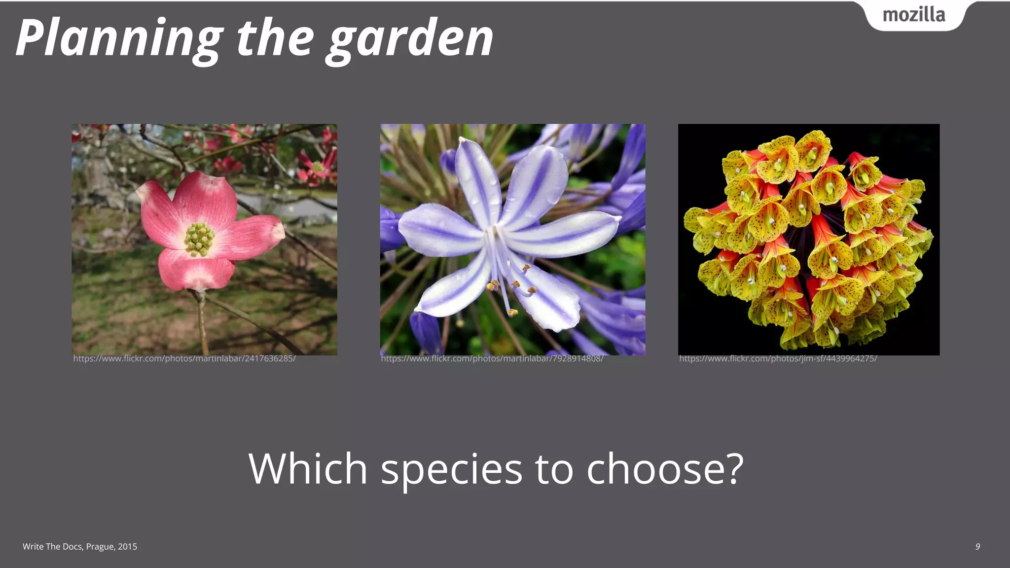 Write The Docs, Prague, 2015 9
Planning the garden
Which species to choose?
https://www.flickr.com/photos/martinlabar/2417636285/ https://www.flickr.com/photos/martinlabar/7928914808/ https://www.flickr.com/photos/jim-sf/4439964275/
 