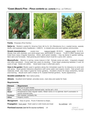 *Coast (Beach) Pine – Pinus contorta var. contorta (PI-nus

con-TORR-tuh )

Family: Pinaceae (Pine Family)
Native to: Western coastal N. America from AK to N. CA (Mendocino Co.); coastal dunes, seaside
bluffs, and exposed rocky headlands < 2000 ft. in closed-cone pine and cypress communities.
woody tree
mature height: 20-50 ft.
mature width: 10-25 ft.
Woody tree with dramatic and wind-swept look, particularly in nature. Trunk is often twisted and
trees have many irregular branches. Short, dark green needles – may be dense in garden setting.
Bark dark and furrowed. Fast growing and relative short-lived for a pine (50+ years).

Growth characteristics:

Blooms in spring; cones mature in fall. Female cones are dark, irregularly shaped
and often persistent. Cones take two years to develop. Trees begin producing between 5 and 10
years of age. Seeds are edible. Good seed crops in alternate years.

Blooms/fruits:

Uses in the garden: Mostly used in gardens along the immediate coast for its tolerance to wind and
salt spray. Good garden tolerance elsewhere with some water and organic mulch. Fast growth and
relatively small size make it good for home gardens. Excellent choice for large containers, bonsai
and training. Would work well in Asian or N. Coastal themed gardens. Rustic appearance.

Sensible substitute for: Non-native pines.
Attracts: Excellent bird habitat: provides cover, nest sites and seeds for food.
Requirements:
Element
Sun
Soil
Water
Fertilizer
Other

Requirement

Full sun to part-shade.
Most, including poorly drained soils; not for pH > 8.0.
Occasional to near-regular water; Water Zone 2-3 is optimal. Don’t overwater in
poorly-drained soils.
Not needed; probably OK.
Organic mulch.

Management:

Easy to grow. Prune if desired to shape.

Propagation: from seed: fresh seed or cold-moist pre-treat
Plant/seed sources (see list for source numbers):

14

by cuttings: yes
12/4/13
© Project SOUND

 