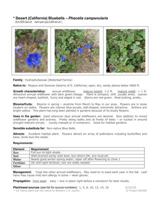 * Desert (California) Bluebells – Phacelia campanularia
 (fuh-SEE-lee-uh kam-pan-yoo-LAR-ee-uh )




Family: Hydrophyllaceae (Waterleaf Family)
Native to: Mojave and Sonoran Deserts of S. California; open, dry, sandy places below 4000 ft.

Growth characteristics:      annual wildflower       mature height: 1-2 ft.    mature width: < 1 ft.
Attractive annual wildflower with dark green foliage. Plant is compact, stiff, usually erect. Leaves
are heart-shaped, toothed, fuzzy and edged in red. Stems are red-green. Neat looking, pretty.

Blooms/fruits:     Blooms in spring – anytime from March to May in our area. Flowers are in loose
clusters on stalks. Flowers are intense blue-purple, bell-shaped, extremely attractive. Anthers are
bright yellow. This plant has long been planted in gardens because of its lovely flowers.

Uses in the garden: Used wherever blue annual wildflowers are desired. Nice addition to mixed
wildflower gardens and prairies. Pretty along walks and at fronts of beds – or tucked in around
drought tolerant shrubs. Lovely massed or in containers. Good for habitat gardens.

Sensible substitute for: Non-native Blue Bells.
Attracts:   Excellent habitat plant. Flowers attract an array of pollinators including butterflies and
bees; birds love the seeds.

Requirements:

Element       Requirement
Sun           Full sun to light shade.
Soil          Well-drained sandy soils best, but others OK; any local pH.
Water         Needs good winter-spring water; taper off after flowering to Zone 1
Fertilizer    OK with light fertilizer, but not really needed
Other
Management:     Treat like other annual wildflowers. May need to re-seed each year in the fall. Leaf
hairs may cause mild skin allergy in some – wear gloves.

Propagation: from seed: easy – sow in place right before a rainstorm for best results.

Plant/seed sources (see list for source numbers): 1, 5, 8, 10, 13, 14, 16            6/23/10
* CA native plant but not native to Western L.A. county                               © Project SOUND
 