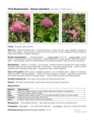 *Pink Meadowsweet – Spiraea splendens (spy-REE-uh SPLEN-dens )
Family: Rosaceae (Rose Family)
Native to: Pacific Northwest from N. CA and Sierras to WA. ID; wet, open meadows, wooded or
open, rocky slopes, stream banks in Yellow Pine Forest, Red Fir Forest, Lodgepole Forest, Subalpine
Forest from 2000 to 11,000 ft. elevation.
Growth characteristics: shrub/sub-shrub mature height: 2-4+ ft. mature width: 3-5 ft.
Erect to mounding low shrub or sub-shrub. Winter-deciduous. Leaves simple, ovate and medium
green. Plant spreads; may form dense thickets in favorable conditions. Bark red-brown, attractive.
Blooms/fruits: Blooms in summer – June-August. Flowers medium to bright pink, small in dense
mounded clusters at the ends of branches. Very showy – looks like a garden plant. Similar to other
Spiraeas used in gardens world-wide. Flowers have light, sweet fragrance.
Uses in the garden: Often used in woodland gardens or as a butterfly plant. Makes an attractive
specimen plant or tall groundcover. Pretty in a large container or planter. Good filler around trees
and shrubs requiring moderate to regular water. Lovely addition to pink-red themed garden.
Sensible substitute for: Non-native sub-shrubs and flowering perennials.
Attracts: Excellent butterfly plant: good nectar source for range of butterflies.
Requirements:
Element Requirement
Sun Full sun (regular water) to part-shade; afternoon shade in hot gardens.
Soil Most local soils; wide pH range.
Water Regular water (Water Zones 2-3) to occasional water (Zone 2) in part-shade.
Fertilizer Light doses OK; will spread with more.
Other Organic mulch (leaf or bark) recommended.
Management: Fairly garden tolerant. May need to contain or remove unwanted stems.
Propagation: from seed: 1 mo. cold-moist treatment by cuttings: easy from cutting, off-shoots
Plant/seed sources (see list for source numbers): 8, 13 8/1/13
© Project SOUND
 