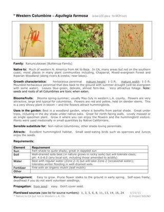 * Western Columbine – Aquilegia formosa (a-kwi-LEE-jee-a for-MOH-suh)
Family: Ranunculaceae (Buttercup Family)
Native to: Much of western N. America from AK to Baja. In CA, many areas but not on the southern
coast; moist places in many plant communities including, Chaparral, Mixed-evergreen Forest and
Riparian Woodland (along rivers & creeks; near lakes).
Growth characteristics: herbaceous perennial mature height: 1-3 ft. mature width: 1-3 ft.
Mounded herbaceous perennial that dies back to the ground with summer drought (will be evergreen
with some water). Leaves blue-green, delicate, almost fern-like. Very attractive foliage. Note:
seeds and roots of all Columbines are toxic when eaten.
Blooms/fruits: Blooms spring-summer; usually May-July in western L.A. county. Flowers are very
attractive, large and typical for columbines. Flowers are red and yellow, held on slender stems. This
is a very showy plant in bloom – and the flowers attract hummingbirds.
Uses in the garden: Best in a woodland garden, where it benefits from partial shade. Great under
trees, including in the dry shade under native oaks. Great for north-facing walls. Lovely massed or
as single specimen plant. Grow it where you can enjoy the flowers and the hummingbird visitors.
Plants were used medicinally in small quantities by Native Californians.
Sensible substitute for: Non-native columbines; other shade-loving perennials.
Attracts: Excellent hummingbird habitat. Small seed-eating birds such as sparrows and Juncos
enjoy the seeds.
Requirements:
Element Requirement
Sun Part-shade to quite shady; great in dappled sun
Soil Well-drained soils best (in nature grows in rocky soils) but will tolerate clays;
pH: 4.0-8.0 (any local soil, including those amended to acidify)
Water Best with regular water (Zone 2-3) but will take Zone 2 (occasional water);
tolerates winter flooding in well-drained soils.
Fertilizer Fine with an organic mulch (leaf mulch)
Other
Management: Easy to grow. Prune flower stalks to the ground in early spring. Self-sows freely;
deadhead if you do not want volunteer seedlings.
Propagation: from seed: easy. Don’t cover seed.
Plant/seed sources (see list for source numbers): 1, 3, 5, 6, 8, 11, 13, 14, 16, 24 1/31/11
* Native to CA but not to Western L.A. Co. © Project SOUND
 