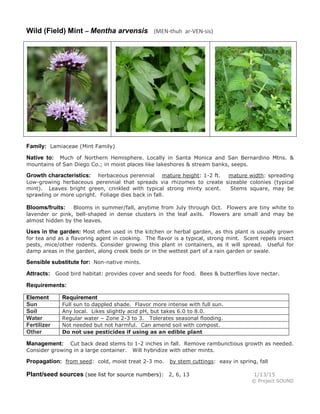 Wild (Field) Mint – Mentha arvensis (MEN-thuh ar-VEN-sis)
Family: Lamiaceae (Mint Family)
Native to: Much of Northern Hemisphere. Locally in Santa Monica and San Bernardino Mtns. &
mountains of San Diego Co.; in moist places like lakeshores & stream banks, seeps.
Growth characteristics: herbaceous perennial mature height: 1-2 ft. mature width: spreading
Low-growing herbaceous perennial that spreads via rhizomes to create sizeable colonies (typical
mint). Leaves bright green, crinkled with typical strong minty scent. Stems square, may be
sprawling or more upright. Foliage dies back in fall.
Blooms/fruits: Blooms in summer/fall, anytime from July through Oct. Flowers are tiny white to
lavender or pink, bell-shaped in dense clusters in the leaf axils. Flowers are small and may be
almost hidden by the leaves.
Uses in the garden: Most often used in the kitchen or herbal garden, as this plant is usually grown
for tea and as a flavoring agent in cooking. The flavor is a typical, strong mint. Scent repels insect
pests, mice/other rodents. Consider growing this plant in containers, as it will spread. Useful for
damp areas in the garden, along creek beds or in the wettest part of a rain garden or swale.
Sensible substitute for: Non-native mints.
Attracts: Good bird habitat: provides cover and seeds for food. Bees & butterflies love nectar.
Requirements:
Element Requirement
Sun Full sun to dappled shade. Flavor more intense with full sun.
Soil Any local. Likes slightly acid pH, but takes 6.0 to 8.0.
Water Regular water – Zone 2-3 to 3. Tolerates seasonal flooding.
Fertilizer Not needed but not harmful. Can amend soil with compost.
Other Do not use pesticides if using as an edible plant
Management: Cut back dead stems to 1-2 inches in fall. Remove rambunctious growth as needed.
Consider growing in a large container. Will hybridize with other mints.
Propagation: from seed: cold, moist treat 2-3 mo. by stem cuttings: easy in spring, fall
Plant/seed sources (see list for source numbers): 2, 6, 13 1/13/15
© Project SOUND
 