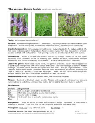 *Blue vervain – Verbena hastata (ver-BEE-nuh hass-TAH-tuh)
Family: Verbenaceae (Verbena Family)
Native to: Northern Hemisphere from S. Canada to CA, including California’s Central/northern coast
and foothills. In disturbed places, marshes and other moist areas; wetland-riparian community.
Growth characteristics: herbaceous perennial/biennial mature height:3-6 ft. mature width:1-3 ft.
Tall, erect, herbaceous plant that produces flowers in second year, then dies. Leaves lance-shaped,
coarsely toothed, with no fragrance. Fast-growing. Looks like a wetland plant. May form clumps.
Blooms/fruits: Blooms in the heat of summer – June or July to Sept. Flowers on 2-6 inch spikes,
distributed like a candelabra on the tall flowering stalk. Flowers are small, violet-colored and open
sequentially from bottom to top (long bloom season). Attracts many pollinators. Dramatic!
Uses in the garden: Mostly used around ponds, bog gardens or swales. Lovely natural appearance
to pond edges when planted with native sedges and rushes. Also nice in cottage gardens or meadow
plantings. Excellent habitat plant for both pollinators and birds. Fine for large containers. Leaves
(tea) and roasted seeds edible. Important medicinal plant: externally on wounds and internally for a
range of conditions. All parts of plant used medicinally. Good choice for herb or medicinal garden.
Verbena hastata ‘Blue Spires’ is a cultivar available from seed companies.
Sensible substitute for: Non-native wetland plants, like non-native verbenas.
Attracts: Excellent bird habitat (cover, seeds). Attracts wide range of pollinators from bees and
hummingbirds to butterflies, pollinator flies, moths. Larval food for Common Buckeye butterfly.
Requirements:
Element Requirement
Sun Full sun to part-shade (drier conditions).
Soil Most local soils, including sandy; most local pH.
Water Regular water to boggy.
Fertilizer ½ strength dose in spring for containerized plants.
Other
Management: Plant will spread via seed and rhizomes if happy. Deadhead (at least some) if
reseeding is an issue. Other than that, cut back in winter, after birds have eaten seed.
Propagation: from seed: easy with fresh seed by cuttings: ??
Plant/seed sources (see list for source numbers): 46, 56, 73 6/19/17
* California native, but not native to Western Los Angeles County © Project SOUND
 