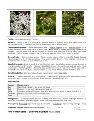 Family: Cornaceae (Dogwood Family)
Native to: North & NW U.S, Canada, CA Floristic Province; riparian areas and other moist sites
<9,200 feet (in CA). Locally in San Gabriel and possibly Santa Monica Mtns.
Growth characteristics: woody shrub/small tree mature height:5-20 ft. mature width:5-20 ft.
Winter deciduous multi-trunk shrub or small tree. Form erect to loosely spreading depending on
sunlight. Shrubs often form dense thickets by stolons and prostrate, rooting stems and lower
branches. Leaves simple, opposite. Bark of younger stems is bright red – showy in winter.
Blooms/fruits: Blooms in late spring. Flowers small, creamy white in umbrella shaped clusters.
Flowers in parts of 4 – typical for family. Very ornamental in bloom. Flowers attract wide array of
pollinators. Showy white to blue-white fruits in fall.
Uses in the garden: Used as shrub or pruned to small tree. Useful along streams, around ponds or
in a rain garden or dry swale. Makes a naturalistic screen. Showy flowers and red bark. Used
extensively in northern gardens. Bark and roots used extensively as medicinals. Plants also used as
source of wood, fiber and dyes. Cultivar 'Kelseyi' is very short; ‘Peter’s choice’ more tree-like.
Sensible substitute for: Non-native shrubs, including non-native dogwoods.
Attracts: Excellent pollinator and bird habitat. Flowers attract wide range of pollinators including
butterflies, bees. Larval food for Spring Azure butterfly. Birds eat the fruits.
Requirements:
Element Requirement
Sun Best in part-shade – fine under tall trees.
Soil Not picky – fine with clays and any local pH.
Water Tolerates seasonal flooding. Best with some summer water – Water Zone 2 to 3.
Fertilizer Benefits from leaf mulch, compost mulch.
Other
Management: Remove suckers as need to keep from spreading. Beware of fungal diseases, to
which it is susceptible. Best bark color if oldest 25% of stems removed each year.
Propagation: from seed: cold moist treat 2-3 months by cuttings: hardwood tip cuttings, spring
Plant/seed sources (see list for source numbers): 6, 8, 11, 13, 20, 72 9/24/16
© Project SOUND
Pink Honeysuckle – Lonicera hispidula var. vacillans
 