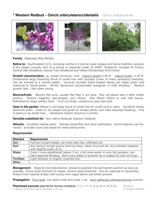 * Western Redbud – Cercis orbiculata/occidentalis (SER-sis or-bik-yoo-LAY-tuh)
Family: Fabaceae (Pea Family)
Native to: Southwestern U.S. including northern & central coast ranges and Sierra foothills; canyons
& dry slopes (usually next to a spring or seasonal creek) to 4500'. Chaparral, Douglas Fir Forest,
Central Oak Woodland, Joshua Tree Woodland and Yellow (Ponderosa) Pine Forest.
Growth characteristics: lg. woody shrub/sm. tree mature height:6-20 ft. mature width: 6-20 ft.
Ornamental large flowering shrub or small tree with rounded crown of many spreading branches.
Can be trained to a central leader. Unusual rounded heart-shaped leaves are apple green and
maturing to bluish-green. Winter deciduous (occasionally evergreen in mild climates). Medium
growth rate – fast when young.
Blooms/fruits: Blooms Feb-June; usually Mar-May in our area. May not bloom well in after milder
winters. Flowers magenta, pea-shaped, very showy. May flower before or with new leaves.
Pollinated by large solitary bees. Fruit is a large, conspicuous pea-type pod.
Uses in the garden: Makes a nice large shrub or small tree for small yard or patio. Excellent showy
specimen plant. Good on dry slopes and great on stream banks (can take seasonal flooding). Fine
in lawns or as street tree. Handsome branch structure in winter.
Sensible substitute for: Non-native Redbuds (Eastern Redbud)
Attracts: Excellent habitat plant. Attracts butterflies and other pollinators. Hummingbirds use the
nectar; provides cover and seeds for seed-eating birds.
Requirements:
Element Requirement
Sun Full sun to part-shade; can even take hot, reflected sun
Soil Any texture except poorly draining clays; takes any local pH, but probably happiest
with slightly acidic (6.5)
Water Zone 2 once established (about 3 yr), a bit more water in very hot gardens; can
take seasonal flooding. Don’t over water in summer as is subject to root-rot fungi.
Fertilizer Light fertilizer or organic mulches fine.
Other
Management: Resents root disturbance; should be planted into permanent position as soon as
possible. Prune when dormant to shape, remove dead branches. Can be coppiced to rejuvenate.
Protect from rodents & deer with aviary-wire cages above and below ground.
Propagation: from seed: hot water treat then soak 1 wk. semi-softwood cuttings/layering:summer
Plant/seed sources (see list for source numbers): 1, 3, 5, 7-11, 13, 14, 16, 20, 21, 24, 26, 28 2/13/11
* Native to CA but not to Western L.A. Co. © Project SOUND
 