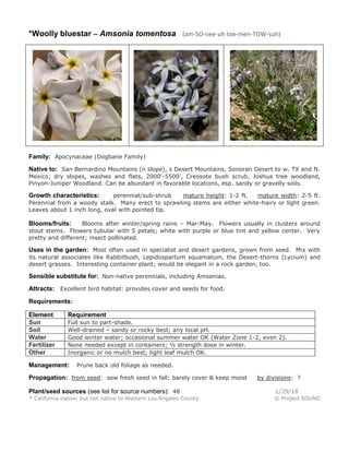 *Woolly bluestar – Amsonia tomentosa (am-SO-nee-uh toe-men-TOW-suh)
Family: Apocynaceae (Dogbane Family)
Native to: San Bernardino Mountains (n slope), s Desert Mountains, Sonoran Desert to w. TX and N.
Mexico; dry slopes, washes and flats, 2000'-5500', Creosote bush scrub, Joshua tree woodland,
Pinyon-Juniper Woodland. Can be abundant in favorable locations, esp. sandy or gravelly soils.
Growth characteristics: perennial/sub-shrub mature height: 1-2 ft. mature width: 2-5 ft.
Perennial from a woody stalk. Many erect to sprawling stems are either white-hairy or light green.
Leaves about 1 inch long, oval with pointed tip.
Blooms/fruits: Blooms after winter/spring rains – Mar-May. Flowers usually in clusters around
stout stems. Flowers tubular with 5 petals; white with purple or blue tint and yellow center. Very
pretty and different; insect pollinated.
Uses in the garden: Most often used in specialist and desert gardens, grown from seed. Mix with
its natural associates like Rabbitbush, Lepidospartum squamatum, the Desert-thorns (Lycium) and
desert grasses. Interesting container plant; would be elegant in a rock garden, too.
Sensible substitute for: Non-native perennials, including Amsonias.
Attracts: Excellent bird habitat: provides cover and seeds for food.
Requirements:
Element Requirement
Sun Full sun to part-shade.
Soil Well-drained – sandy or rocky best; any local pH.
Water Good winter water; occasional summer water OK (Water Zone 1-2, even 2).
Fertilizer None needed except in containers; ½ strength dose in winter.
Other Inorganic or no mulch best; light leaf mulch OK.
Management: Prune back old foliage as needed.
Propagation: from seed: sow fresh seed in fall; barely cover & keep moist by divisions: ?
Plant/seed sources (see list for source numbers): 48 1/29/18
* California native, but not native to Western Los Angeles County © Project SOUND
 