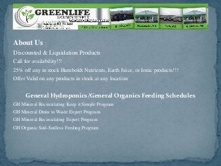 About Us
Discounted & Liquidation Products
Call for availability!!!
25% off any in stock Humboldt Nutrients, Earth Juice, or Ionic products!!!
Offer Valid on any products in stock at any location
General Hydroponics/General Organics Feeding Schedules
GH Mineral Recirculating Keep it Simple Program
GH Mineral Drain to Waste Expert Program
GH Mineral Recirculating Expert Program
GH Organic Soil-Soilless Feeding Program
 