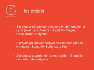 • 3 projets à pérenniser avec une implémentation à
Lyon (avec Lyon Centre) : Light My Prayer,
Revel’action, Holycate
• 2 projets qui doivent trouver leur modèle (et pas
lyonnais) : Boost My Spirit, carte Kipri
• 2 projets à approfondir ou retravailler : Chapelle
nomade, Interiority room
les projets
 