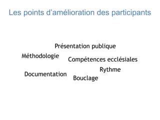 Les points d’amélioration des participants
Méthodologie
Compétences ecclésiales
Documentation
Présentation publique
Bouclage
Rythme
 