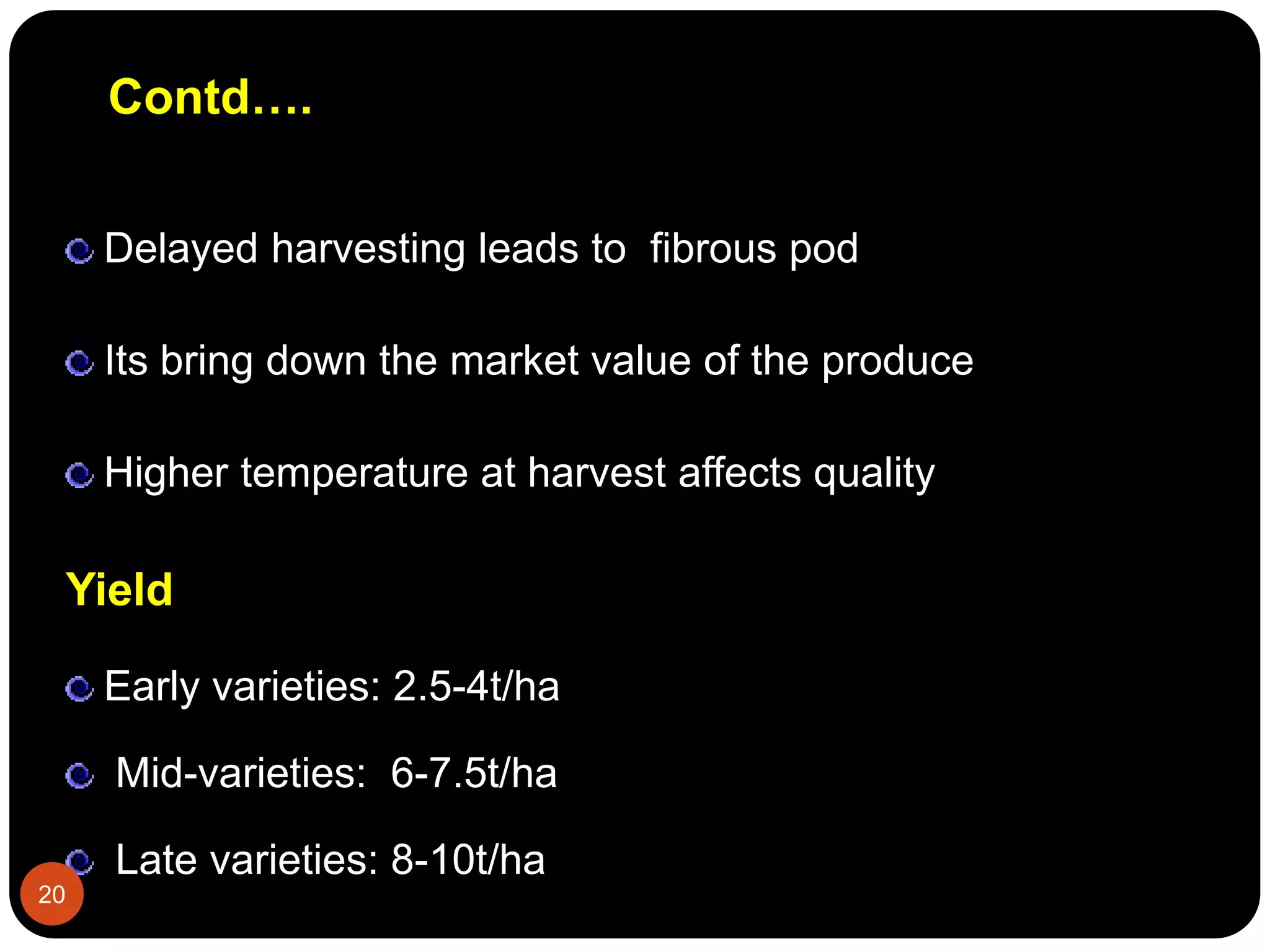 Contd….
Delayed harvesting leads to fibrous pod
Its bring down the market value of the produce
Higher temperature at harvest affects quality
Yield
Early varieties: 2.5-4t/ha
Mid-varieties: 6-7.5t/ha
Late varieties: 8-10t/ha
20
 