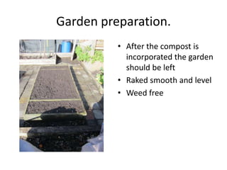 Garden preparation.
          • After the compost is
            incorporated the garden
            should be left
          • Raked smooth and level
          • Weed free
 