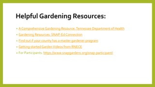 Helpful Gardening Resources:
• A Comprehensive Gardening Resource:Tennessee Department of Health
• Gardening Resources: SNAP-Ed Connection
• Find out if your county has a master gardener program
• Getting started GardenVideos from RNECE
• For Participants: https://www.snapgardens.org/snap-participant/
 