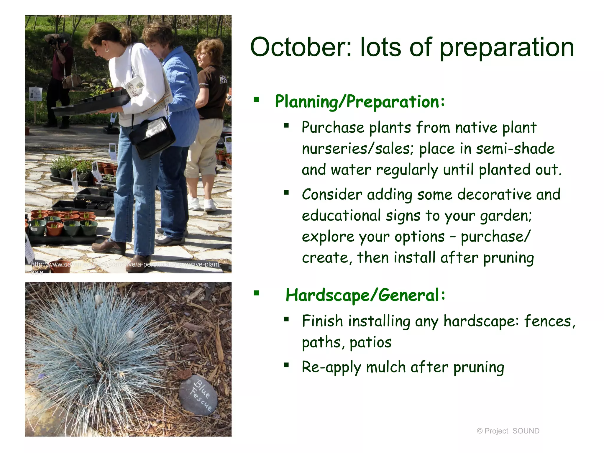 October: lots of preparation
                                                                    Planning/Preparation:
                                                                       Purchase plants from native plant
                                                                        nurseries/sales; place in semi-shade
                                                                        and water regularly until planted out.
                                                                       Consider adding some decorative and
                                                                        educational signs to your garden;
                                                                        explore your options – purchase/
http://www.calvin.edu/news/archive/a-perennial-the-native-plant-
                                                                        create, then install after pruning
sale


                                                                      Hardscape/General:
                                                                       Finish installing any hardscape: fences,
                                                                        paths, patios
                                                                       Re-apply mulch after pruning



                                                                                                 © Project SOUND
 