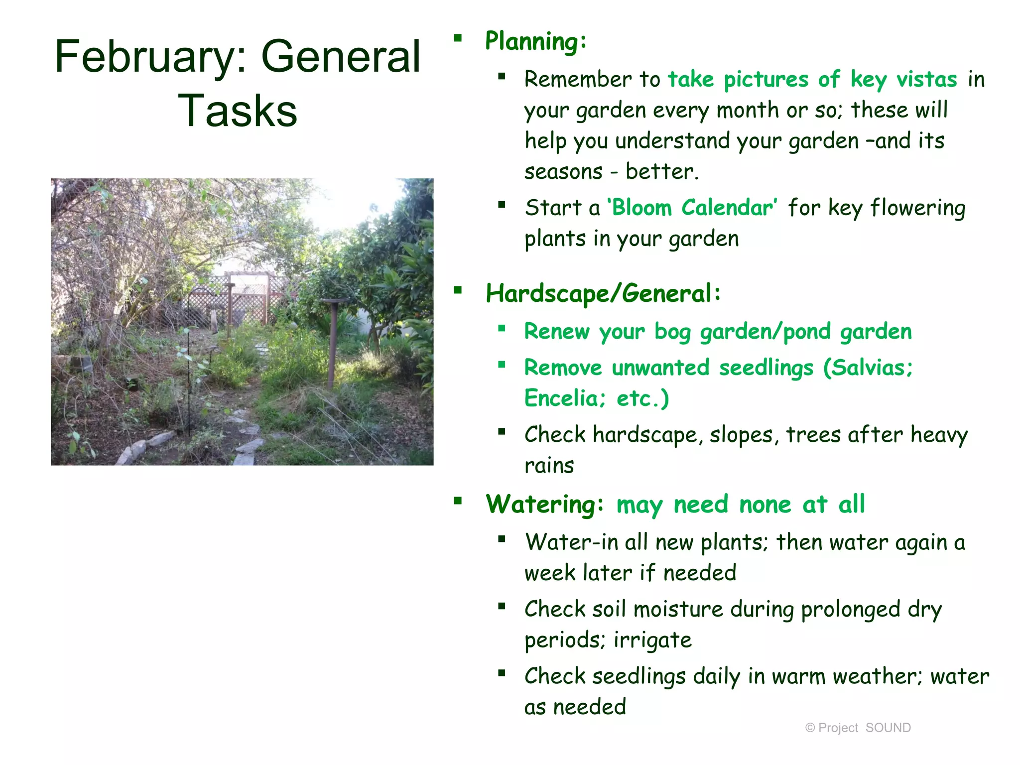  Planning:
February: General       Remember to take pictures of key vistas in
     Tasks               your garden every month or so; these will
                         help you understand your garden –and its
                         seasons - better.
                        Start a ‘Bloom Calendar’ for key flowering
                         plants in your garden

                     Hardscape/General:
                        Renew your bog garden/pond garden
                        Remove unwanted seedlings (Salvias;
                         Encelia; etc.)
                        Check hardscape, slopes, trees after heavy
                         rains
                     Watering: may need none at all
                        Water-in all new plants; then water again a
                         week later if needed
                        Check soil moisture during prolonged dry
                         periods; irrigate
                        Check seedlings daily in warm weather; water
                         as needed
                                                    © Project SOUND
 