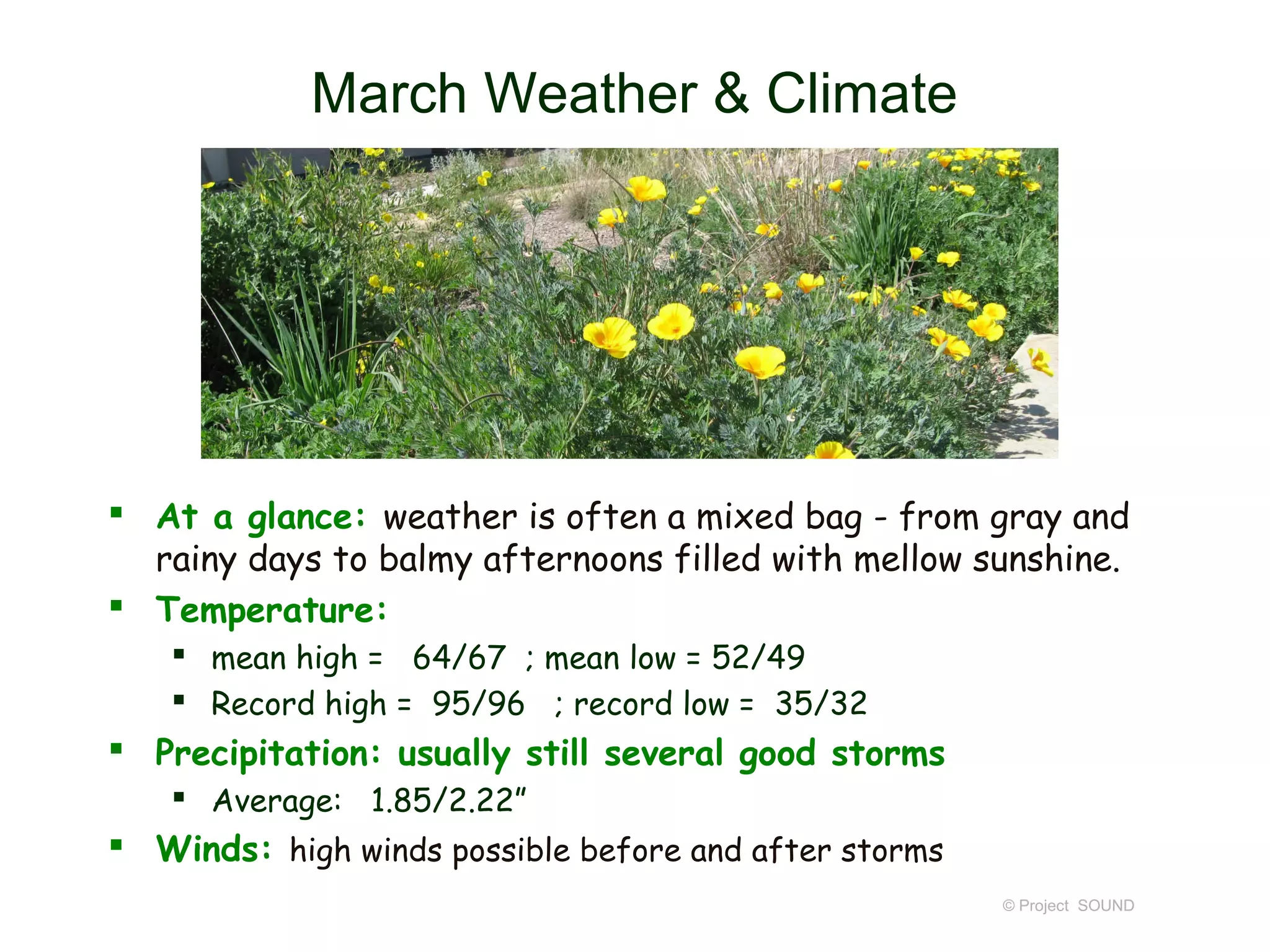 March Weather & Climate




 At a glance: weather is often a mixed bag - from gray and
  rainy days to balmy afternoons filled with mellow sunshine.
 Temperature:
    mean high = 64/67 ; mean low = 52/49
    Record high = 95/96 ; record low = 35/32
 Precipitation: usually still several good storms
    Average: 1.85/2.22”
 Winds: high winds possible before and after storms
                                                       © Project SOUND
 