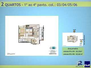Est. do Pau-Ferro tarde manhã Área privativa  colunas 03 e 04 – 63,22m² colunas 05 e 06 – 63,66 m² 2  QUARTOS –  1º ao 4º pavto. col.: 03/04/05/06 