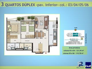 Est. do Pau-Ferro tarde manhã Área privatiava  colunas 03 e 04 – 121,94 m² colunas 05 e 06 – 119,78 m² 3  QUARTOS DÚPLEX – pav. Inferior -  col.: 03/04/05/06 