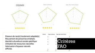 0
1
2
3
4
5
1
2
34
5
OSSINIRI
0
1
2
3
4
5
1
2
34
5
Gaec du benou
0
1
2
3
4
5
1
2
34
5
Gaec des monts d'azur
Ossiniri Gaec du benou Gaec des monts d'azur
Eleveurs de race(s) localement adaptée(s) 4 5 5
Mouvement de personnes et bétails 5 5 5
Identité culturelle et sociale spécifique 4 3 5
Utilisation de ressources naturelles 4 4 4
Valorisation d’espaces naturels
difficiles 5 5 5
22 22 24
Critères
FAO
 
