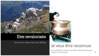 Etre revalorisée
J’aime mon métier mais il est difficile
Je veux être reconnue
Etre revalorisée, j’aime mon métier, reconnaissance par
rapport à mon produit 3
 