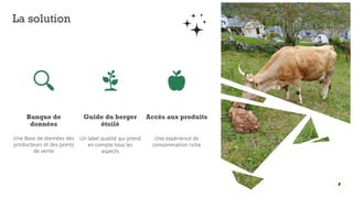 La solution
Banque de
données
Une Base de données des
producteurs et des points
de vente
Guide du berger
étoilé
Un label qualité qui prend
en compte tous les
aspects
Accès aux produits
Une expérience de
consommation riche
8
 