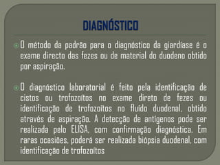 O método da padrão para o diagnóstico da giardíase é o
exame directo das fezes ou de material do duodeno obtido
por aspiração.
O diagnóstico laboratorial é feito pela identificação de
cistos ou trofozoítos no exame direto de fezes ou
identificação de trofozoítos no fluído duodenal, obtido
através de aspiração. A detecção de antígenos pode ser
realizada pelo ELISA, com confirmação diagnóstica. Em
raras ocasiões, poderá ser realizada biópsia duodenal, com
identificação de trofozoítos
 