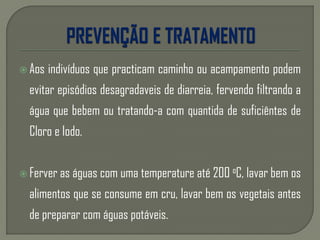  Aos indivíduos que practicam caminho ou acampamento podem
evitar episódios desagradaveis de diarreia, fervendo filtrando a
água que bebem ou tratando-a com quantida de suficiêntes de
Cloro e Iodo.
 Ferver as águas com uma temperature até 200 oC, lavar bem os
alimentos que se consume em cru, lavar bem os vegetais antes
de preparar com águas potáveis.
 