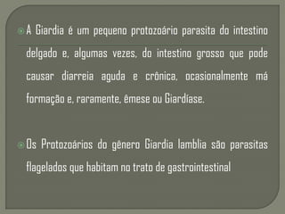 A Giardia é um pequeno protozoário parasita do intestino
delgado e, algumas vezes, do intestino grosso que pode
causar diarreia aguda e crônica, ocasionalmente má
formação e, raramente, êmese ou Giardíase.
Os Protozoários do gênero Giardia lamblia são parasitas
flagelados que habitam no trato de gastrointestinal
 