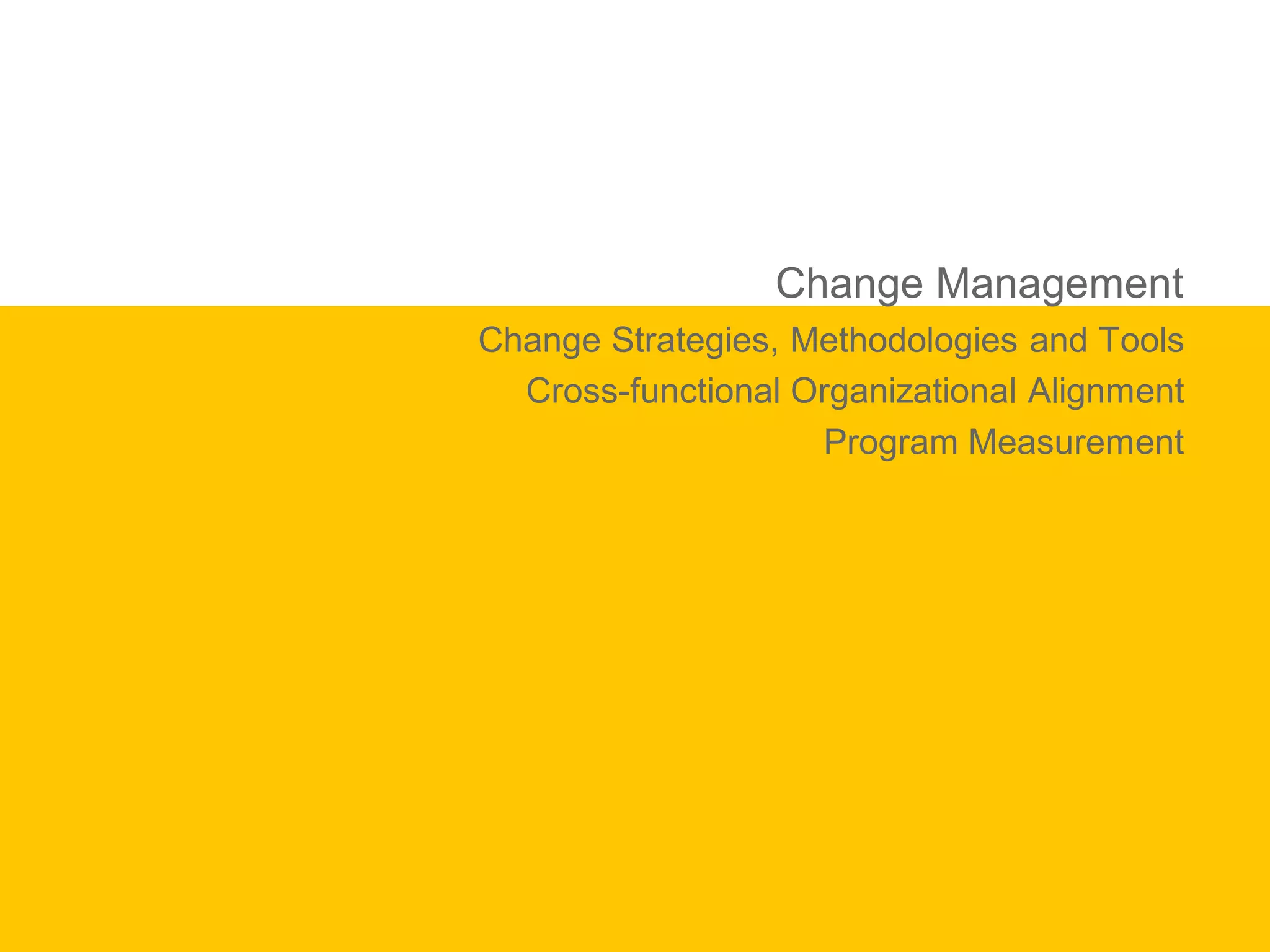 Change Management
Change Strategies, Methodologies and Tools
  Cross-functional Organizational Alignment
                    Program Measurement
 