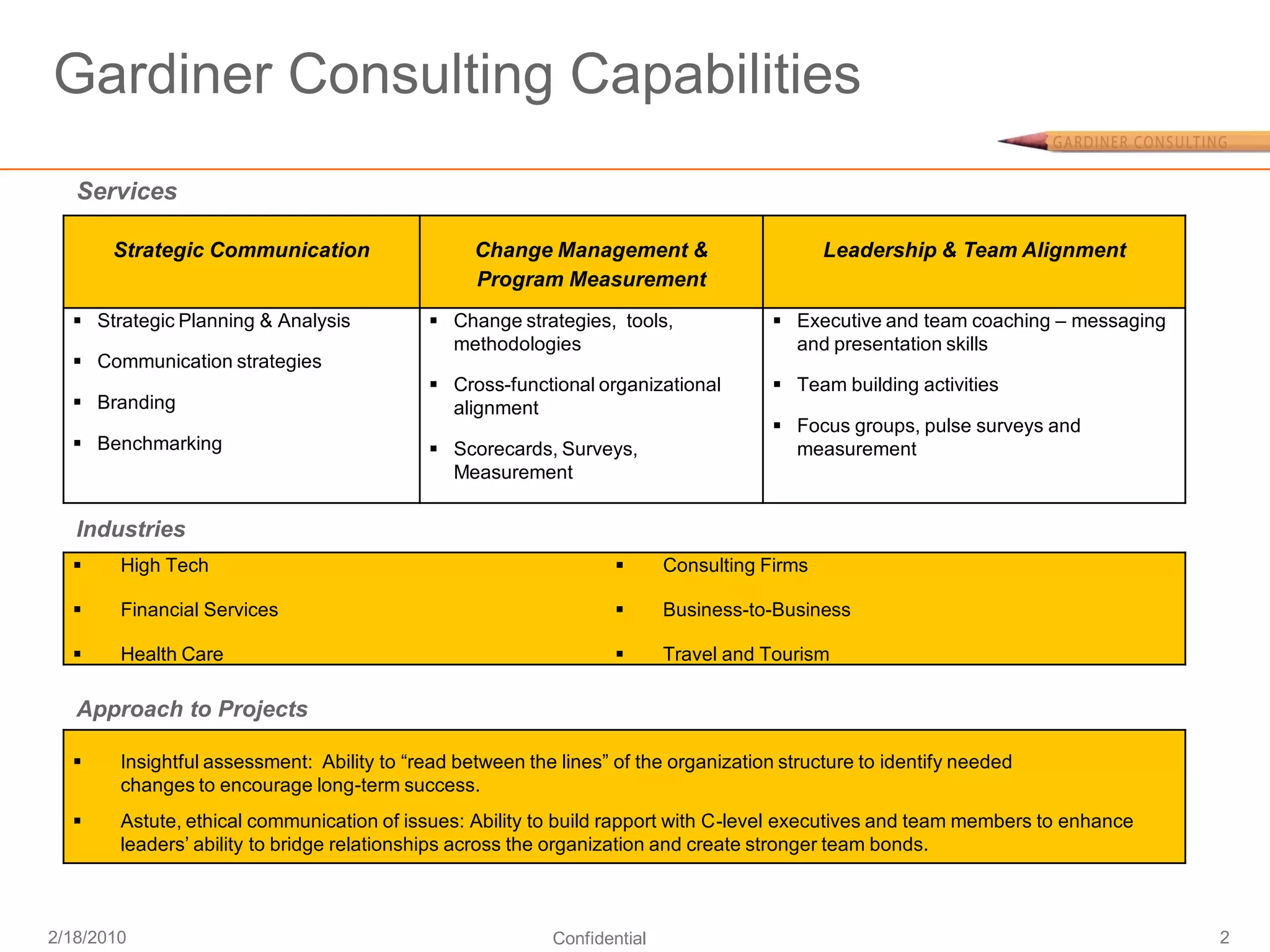 Gardiner Consulting Capabilities
   Services

       Strategic Communication                    Change Management &                        Leadership & Team Alignment
                                                  Program Measurement
   Strategic Planning & Analysis             Change strategies, tools,               Executive and team coaching – messaging
                                               methodologies                            and presentation skills
   Communication strategies
                                              Cross-functional organizational         Team building activities
   Branding                                   alignment
                                                                                       Focus groups, pulse surveys and
   Benchmarking                              Scorecards, Surveys,                     measurement
                                               Measurement

   Industries
       High Tech                                                        Consulting Firms

       Financial Services                                               Business-to-Business

       Health Care                                                      Travel and Tourism

   Approach to Projects

       Insightful assessment: Ability to “read between the lines” of the organization structure to identify needed
        changes to encourage long-term success.
       Astute, ethical communication of issues: Ability to build rapport with C-level executives and team members to enhance
        leaders’ ability to bridge relationships across the organization and create stronger team bonds.



2/18/2010                                                  Confidential                                                           2
 